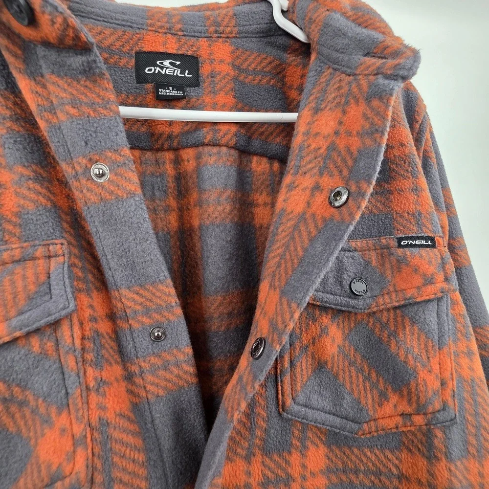 O'NEILL SHACKET PLAID MENS SMALL ORANGE GRAY FLEECE SNAP BUTTONS ARCTIC CHECK